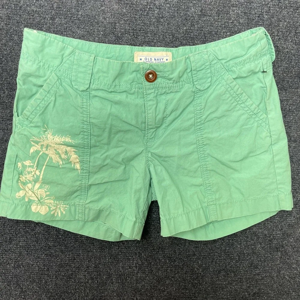 Y2K Old Navy Shorts Girls 14 Green Chino Floral Print Cotton Summer School